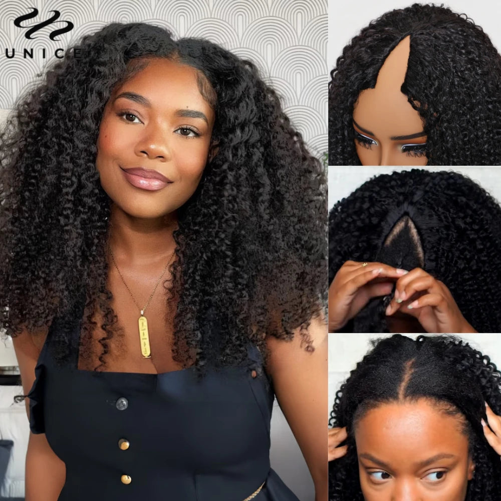 Unice Hair Kinky Curly V Part Wig U Part Upgrade Elastic