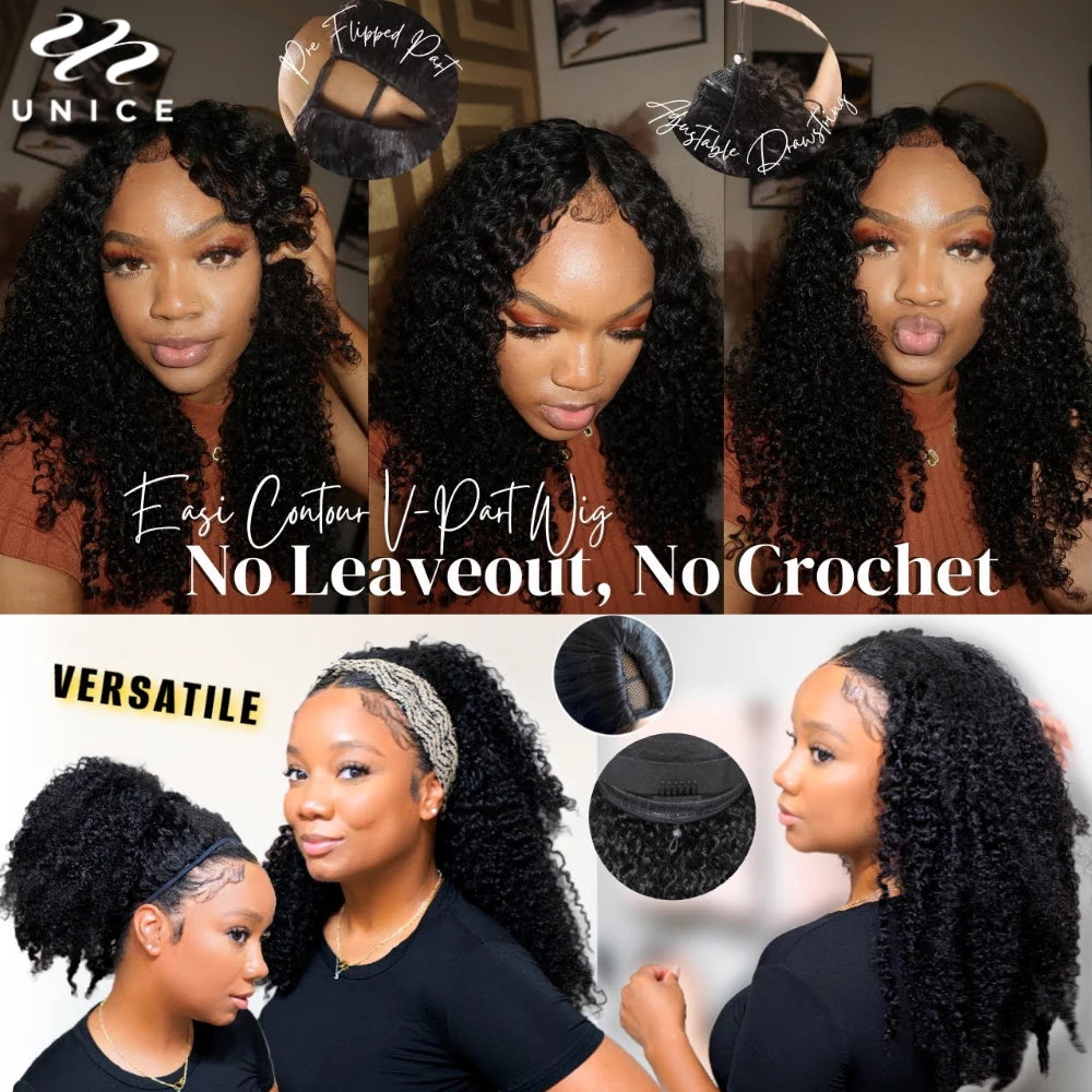 Unice Hair Kinky Curly V Part Wig U Part Upgrade Elastic
