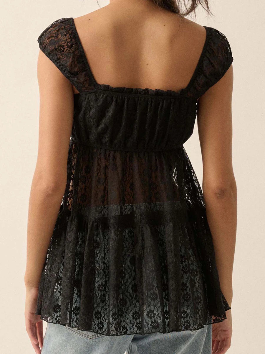 CN Casual Floral Lace Square Neck Tee With Cap Sleeves