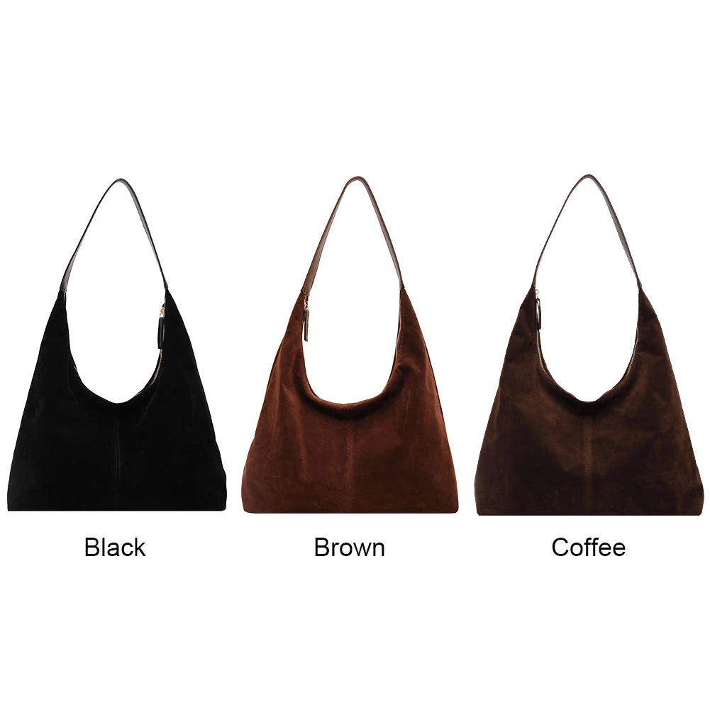 Women Suede Tote Bag With Zipper PU Leather Large Capacity