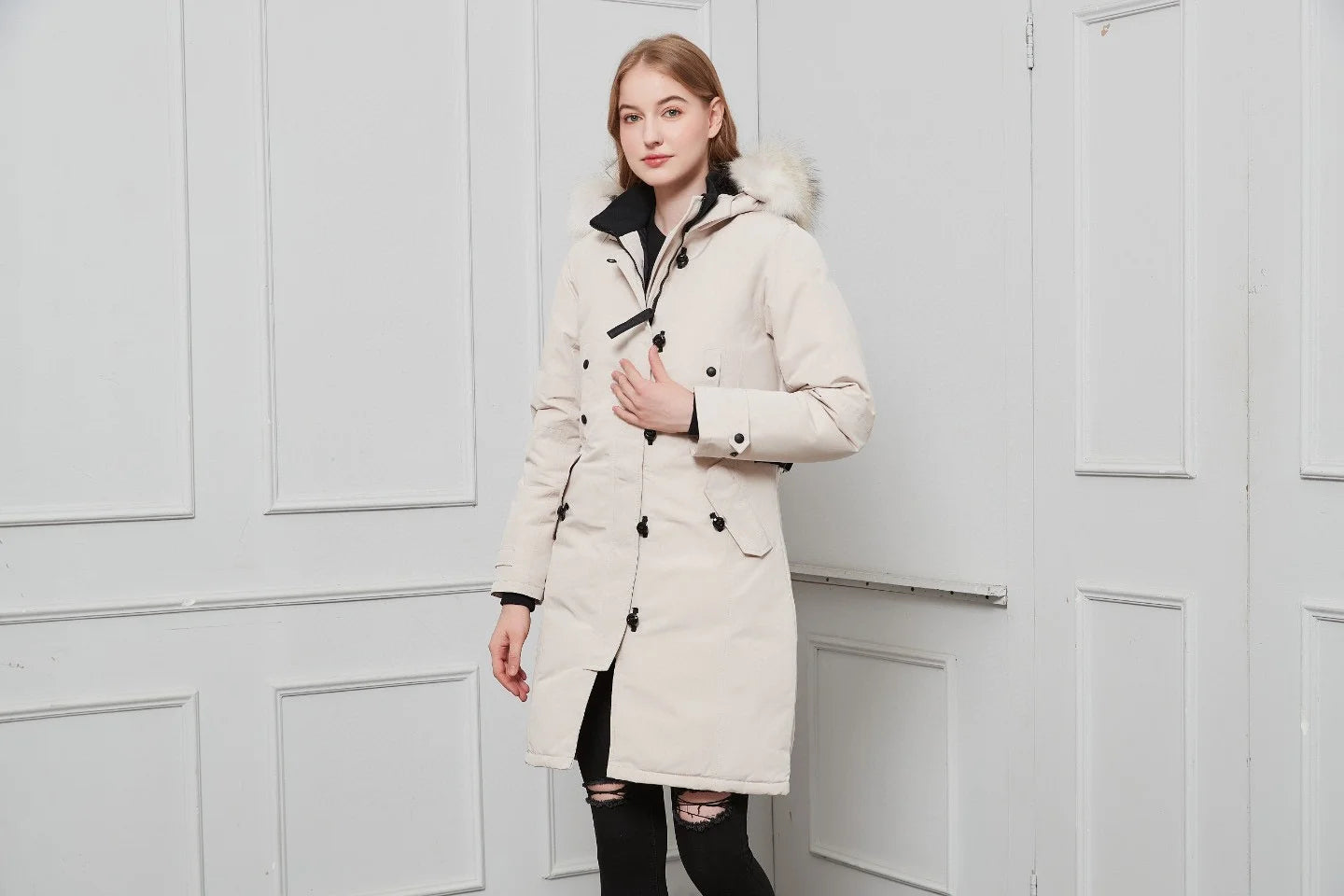 Guangdong Down Jacket Women Long Hooded Winter Coat