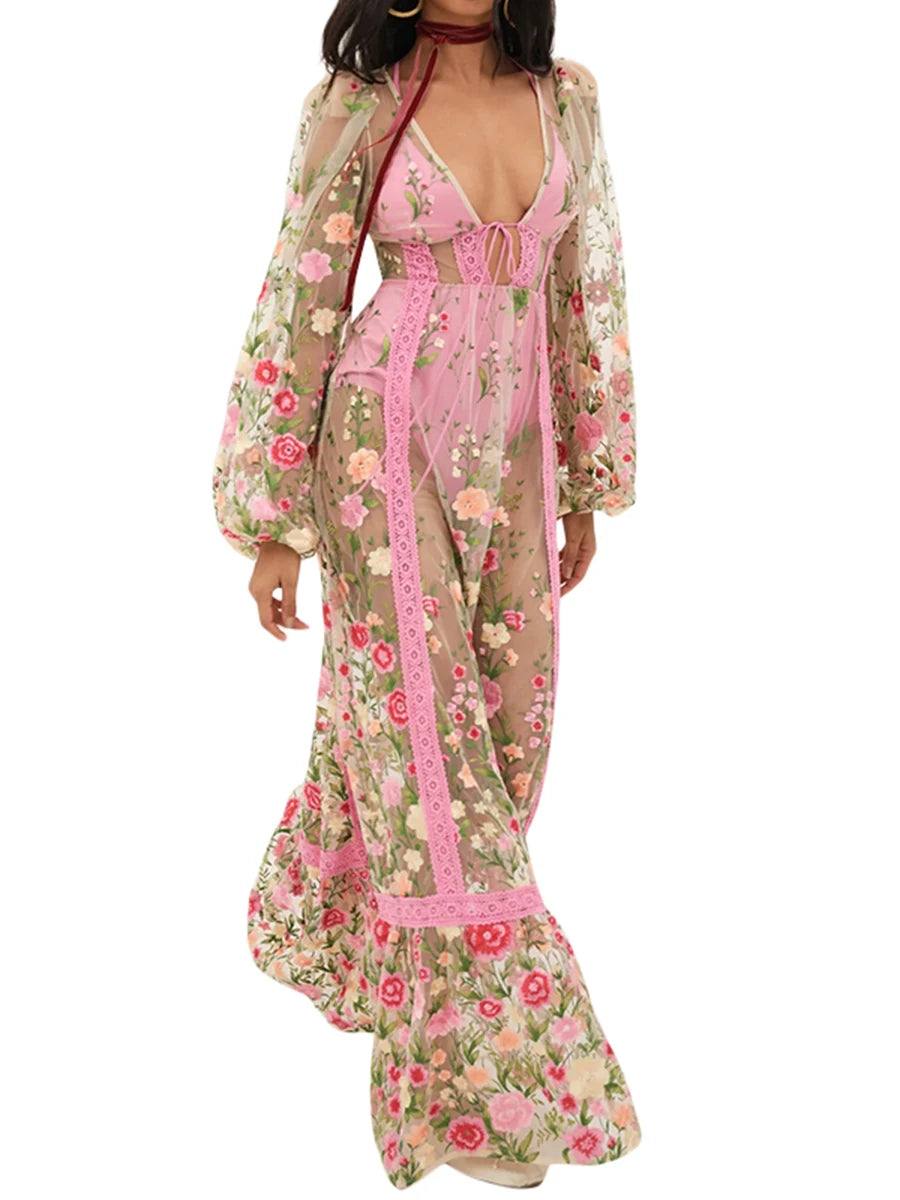 Hirigin Women Floral Beach Cover Up Long Sleeve V Neck