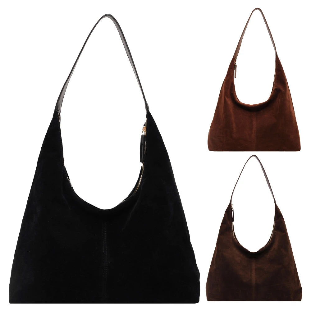 Women Suede Tote Bag With Zipper PU Leather Large Capacity