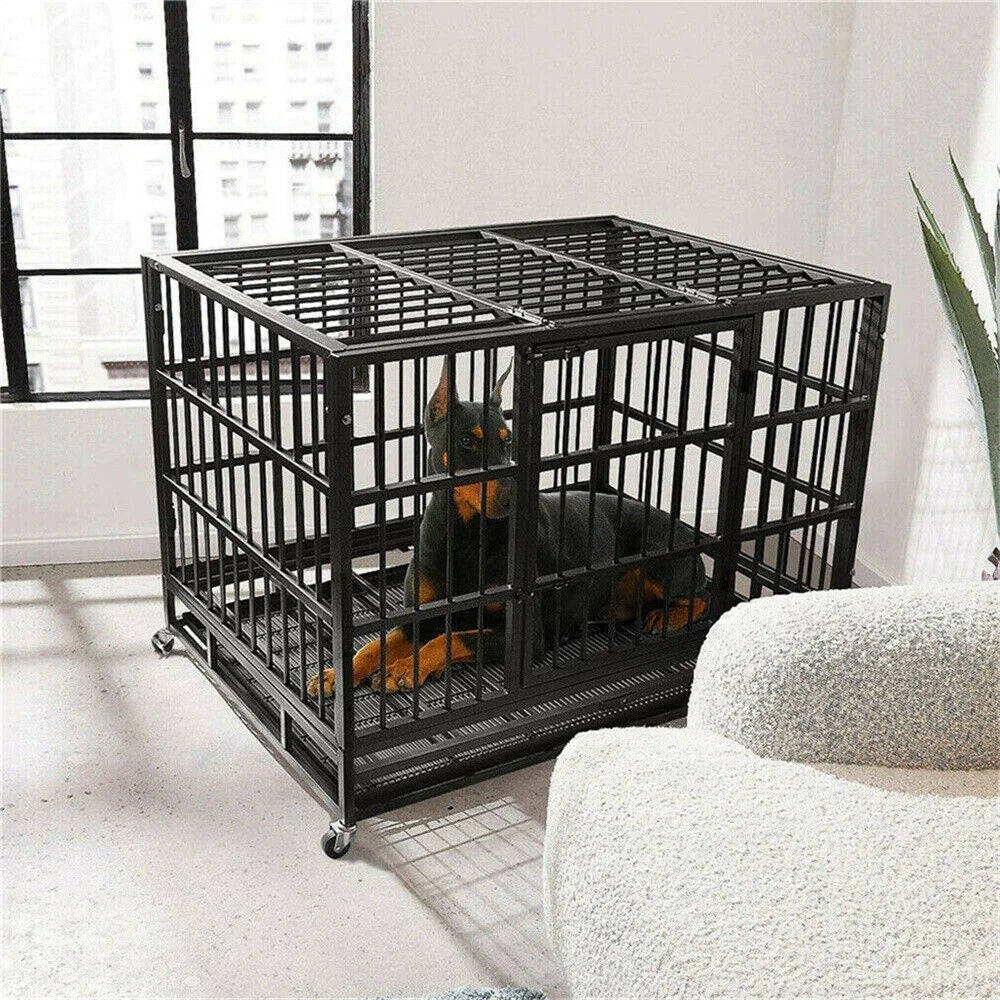 BORWARTH Heavy Duty Dog Crate With Lockable Wheels Tray