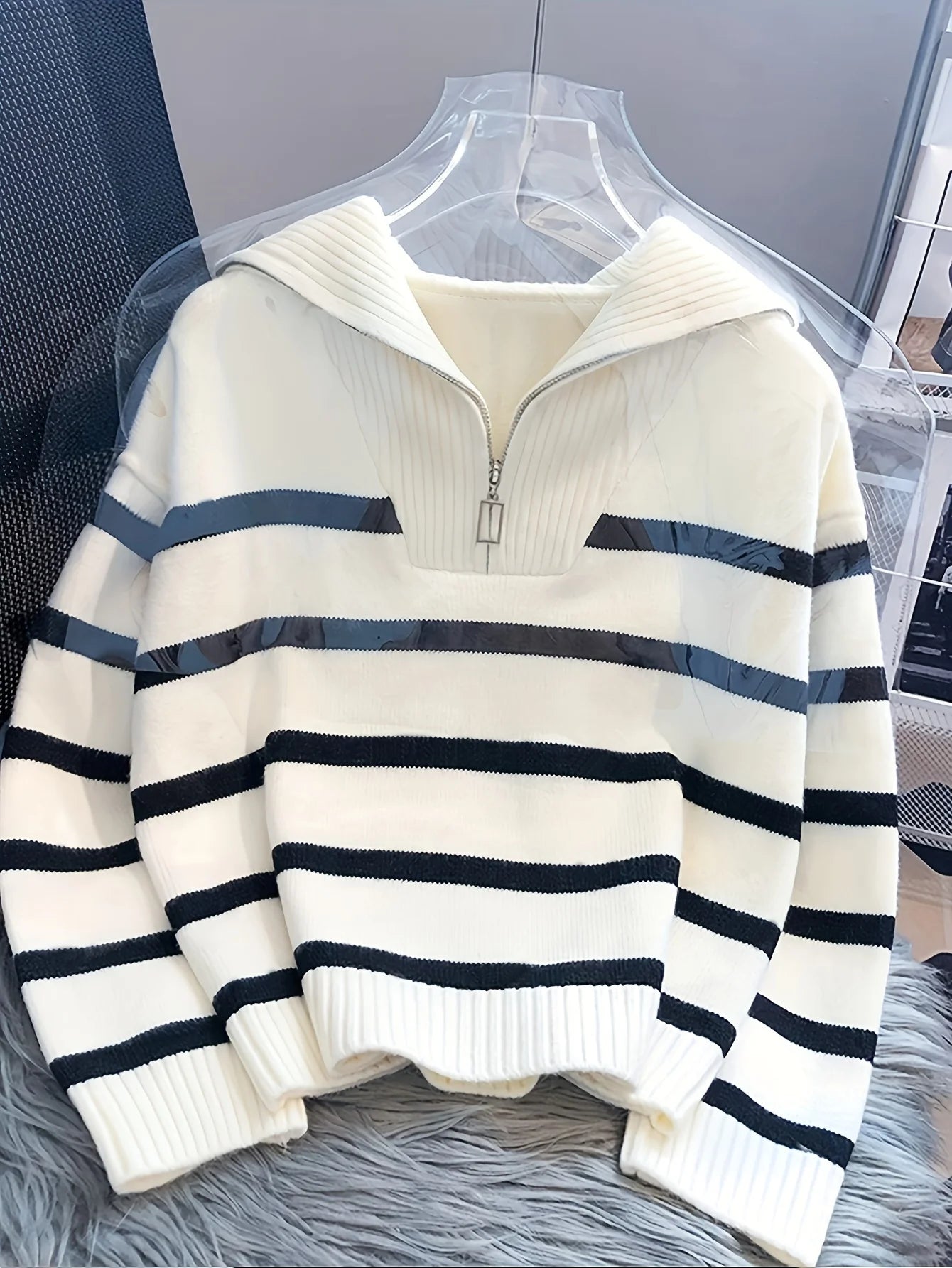 CakuloCN Striped Thickened Zipper Pullover Sweater