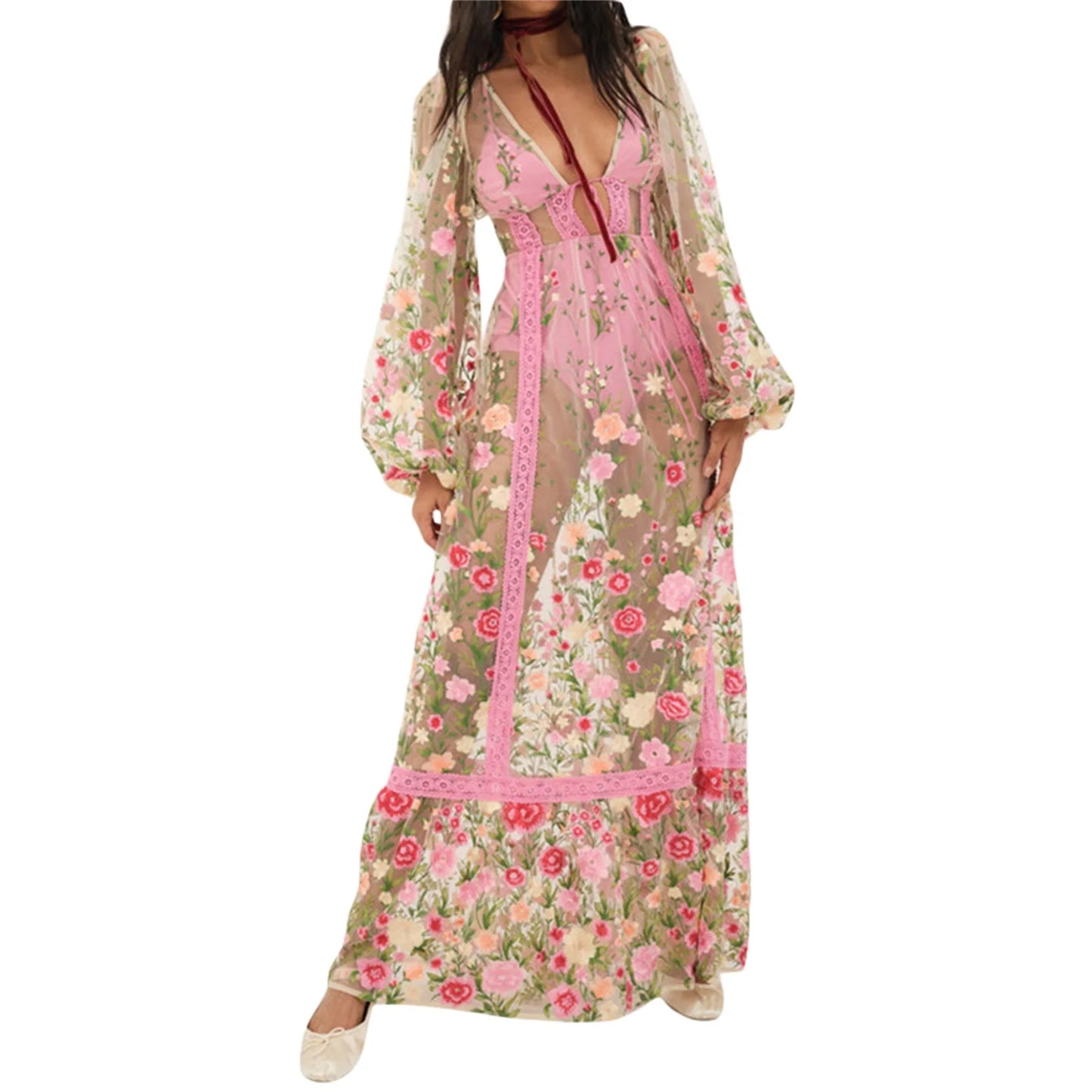 Hirigin Women Floral Beach Cover Up Long Sleeve V Neck