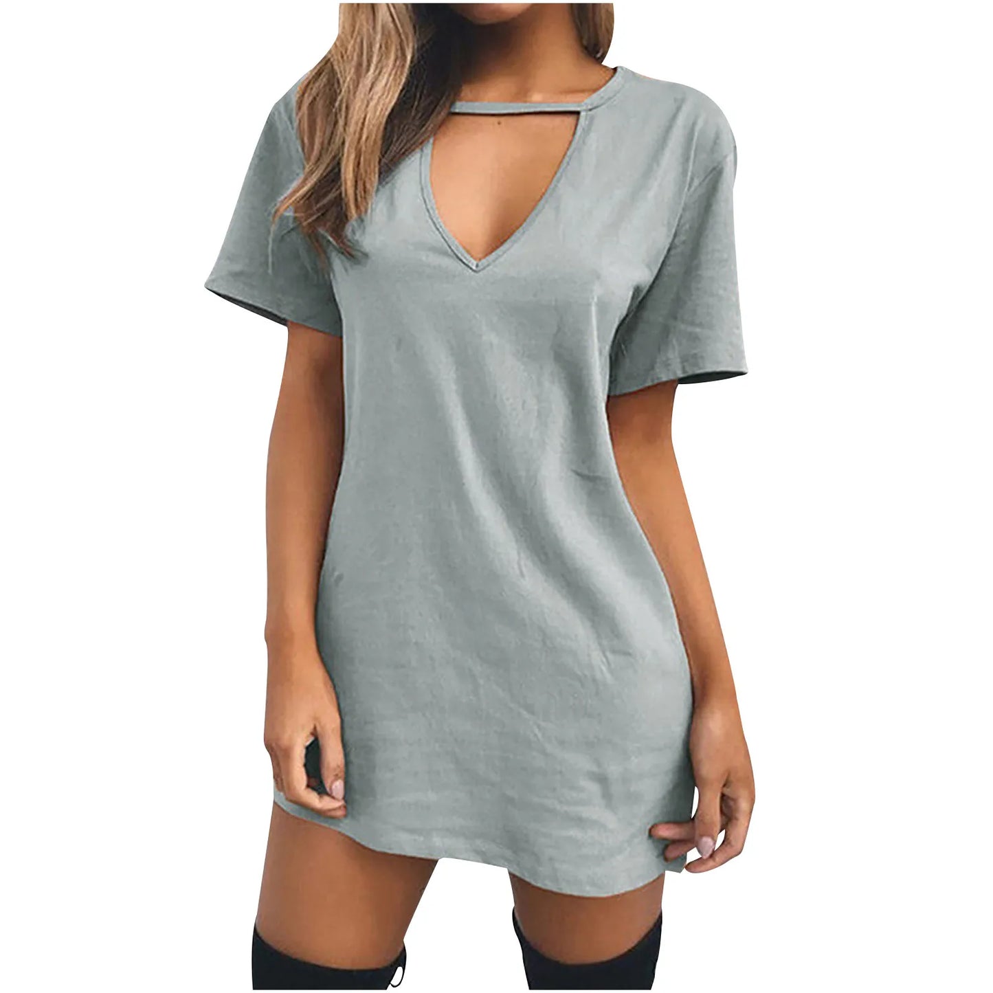 Casual Women V Neck Short Sleeve Hollow Dress Polyester
