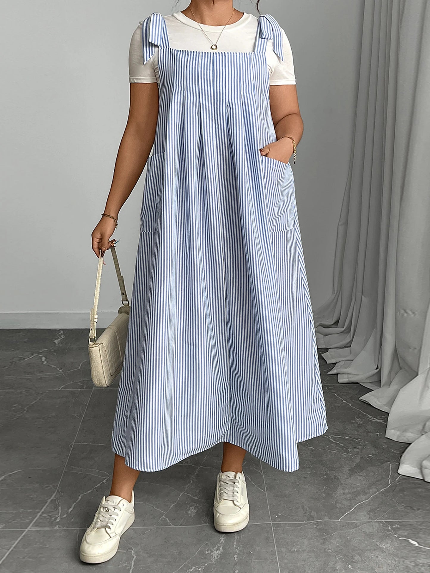 Hirigin Casual Sleeveless Striped Overall Dress With Straps