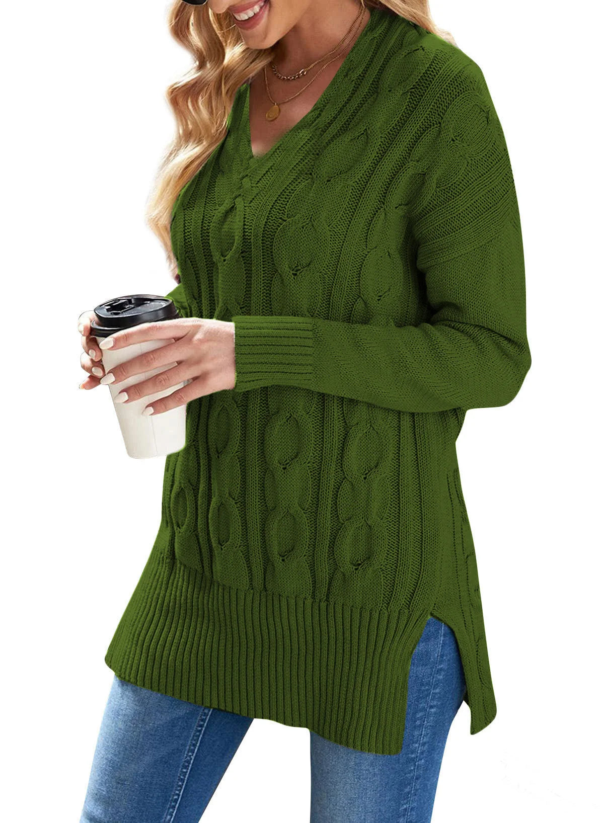 CN Jiangxi Cable Knit Pullover Sweater V Neck Long Sleeve