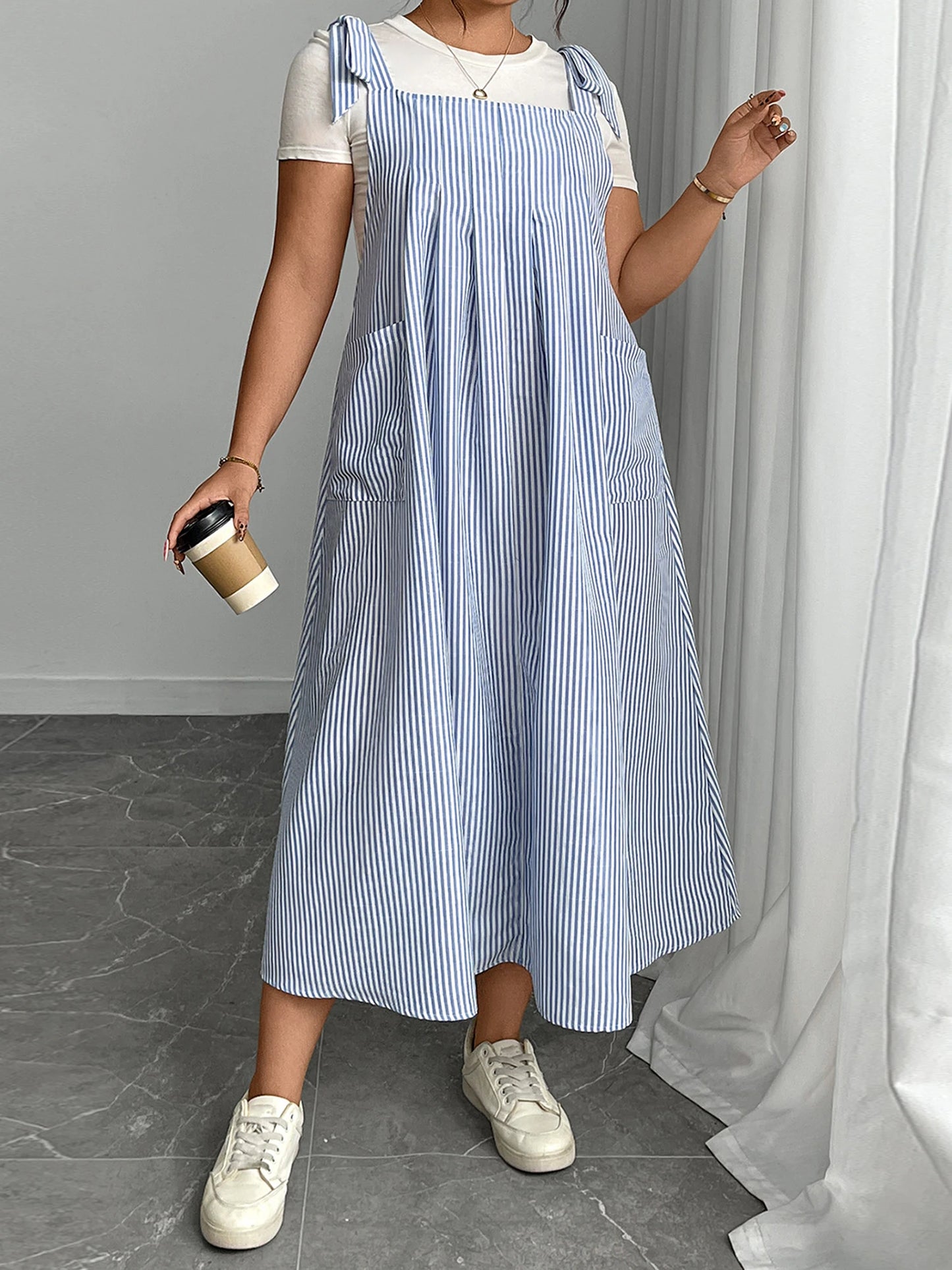 Hirigin Casual Sleeveless Striped Overall Dress With Straps