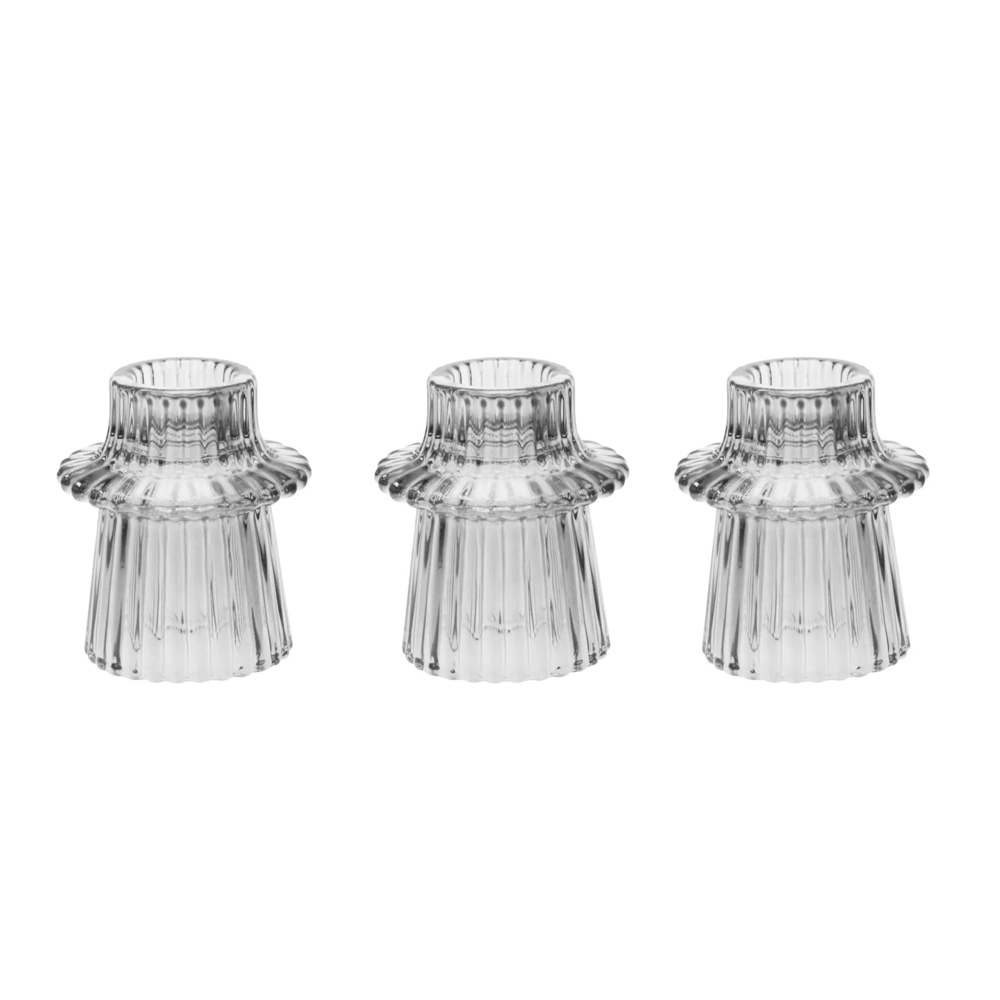 3" Decorative Clear Glass Ribbed Taper Tealight Candle Holder, Set of 3
