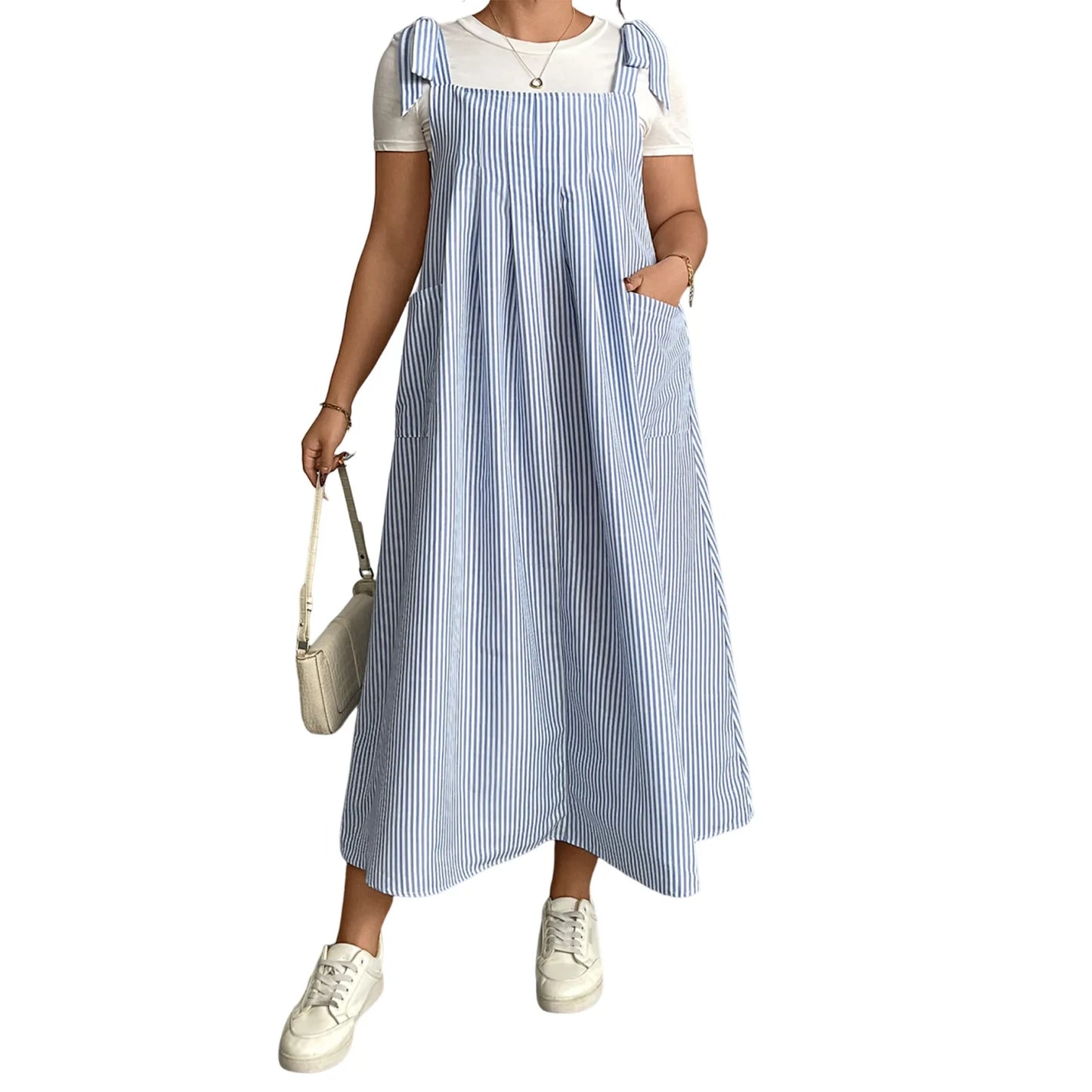 Hirigin Casual Sleeveless Striped Overall Dress With Straps