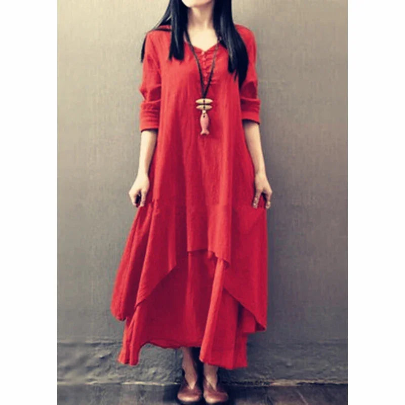 CN Women Linen Look Button Dress With Faux Two Piece