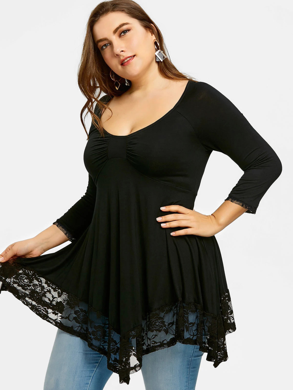 Clothing Round Neck Long Sleeve Lace Stitching Elegant Tee