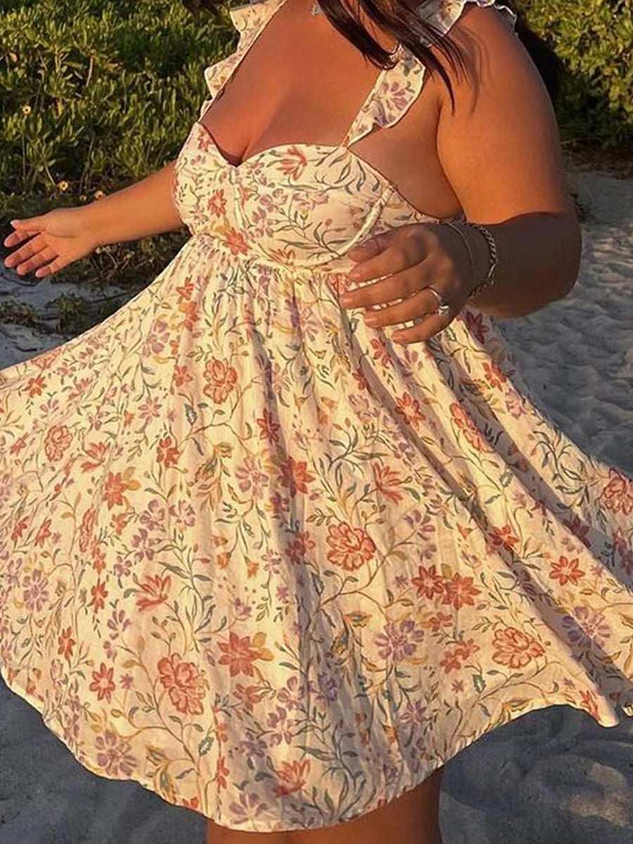 CN Velvet Maxi Dress Women Floral Ruffle V Neck Sleeveless