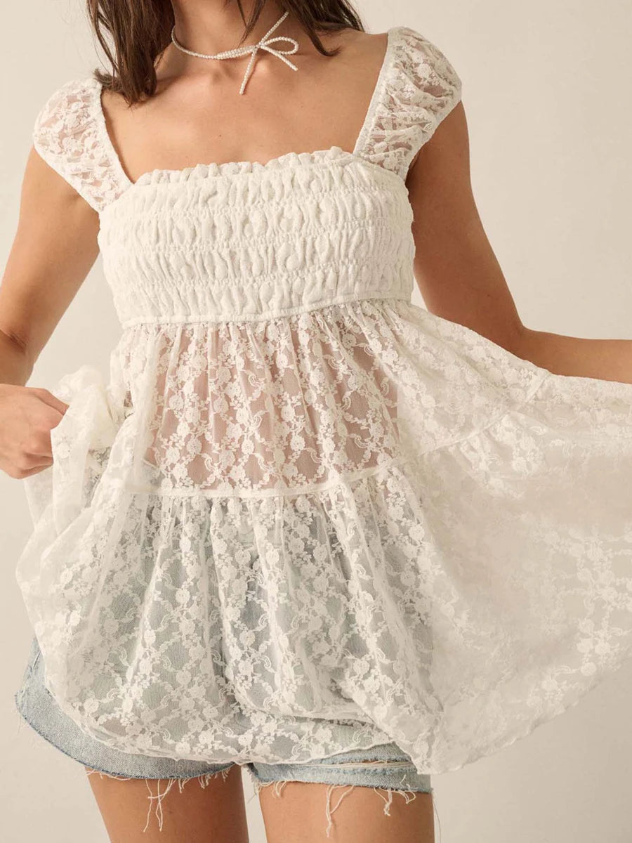 CN Casual Floral Lace Square Neck Tee With Cap Sleeves