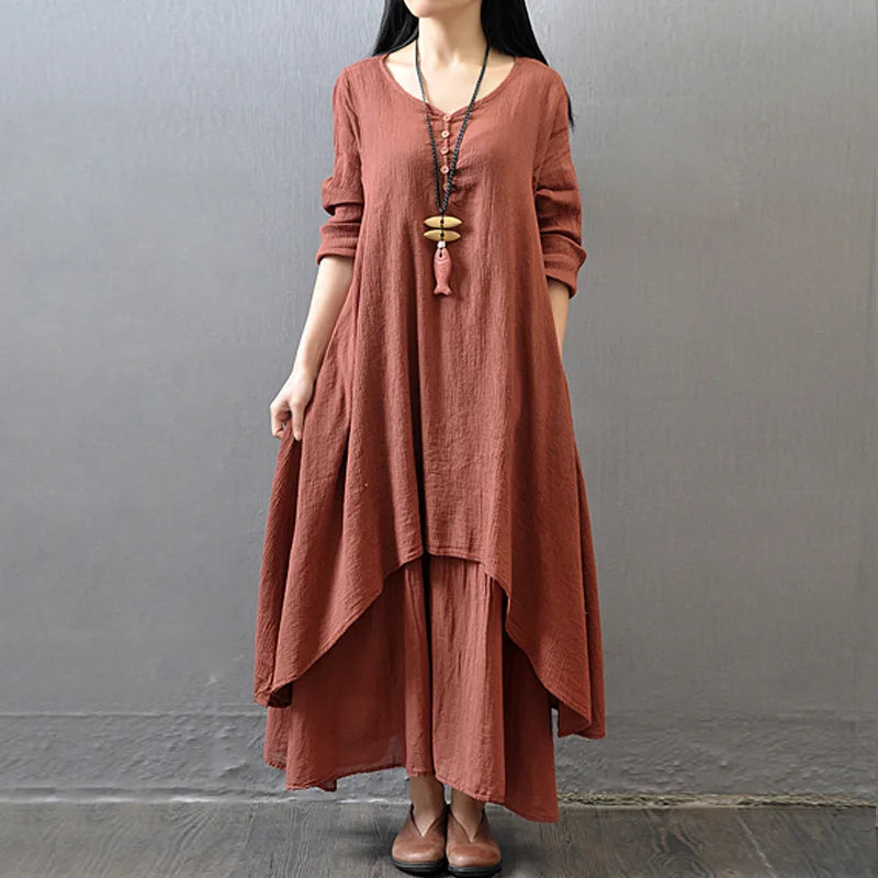 CN Women Linen Look Button Dress With Faux Two Piece