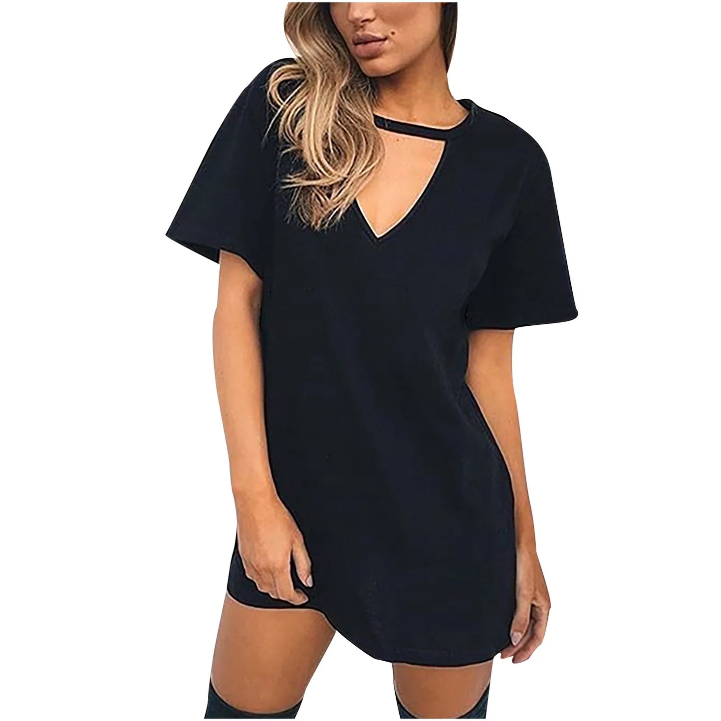 Casual Women V Neck Short Sleeve Hollow Dress Polyester