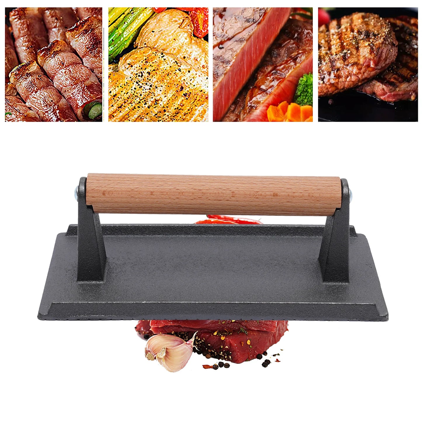 GrandAvenueStore Heavy Cast Iron Grill Press Wood Handle