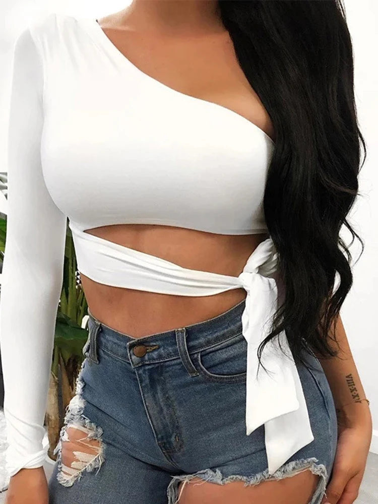 DozwCN Women One Shoulder Bow Tie Elastic Crop Top