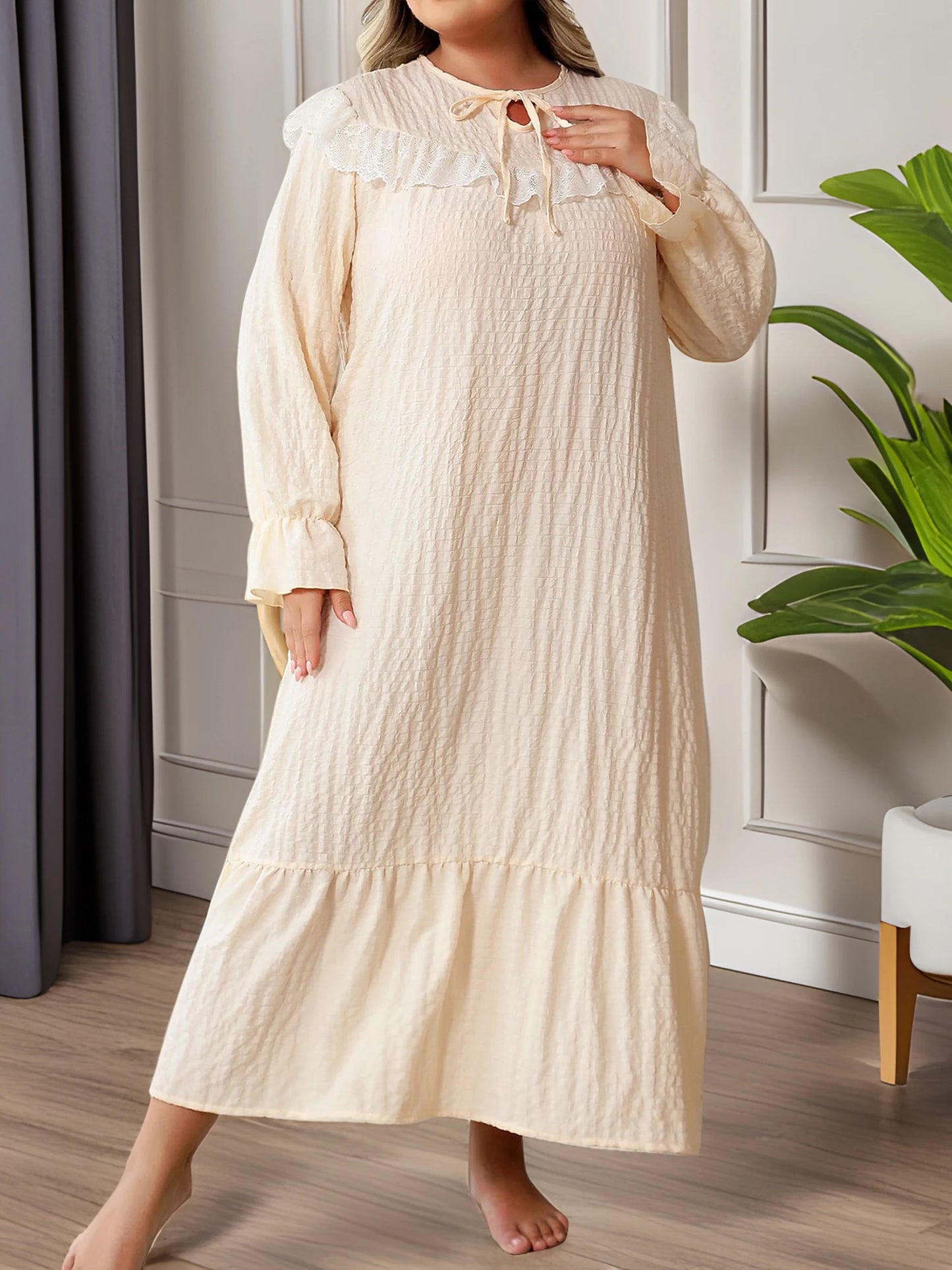 Hirigin Lace Trim Nightgown For Women With Round Neck
