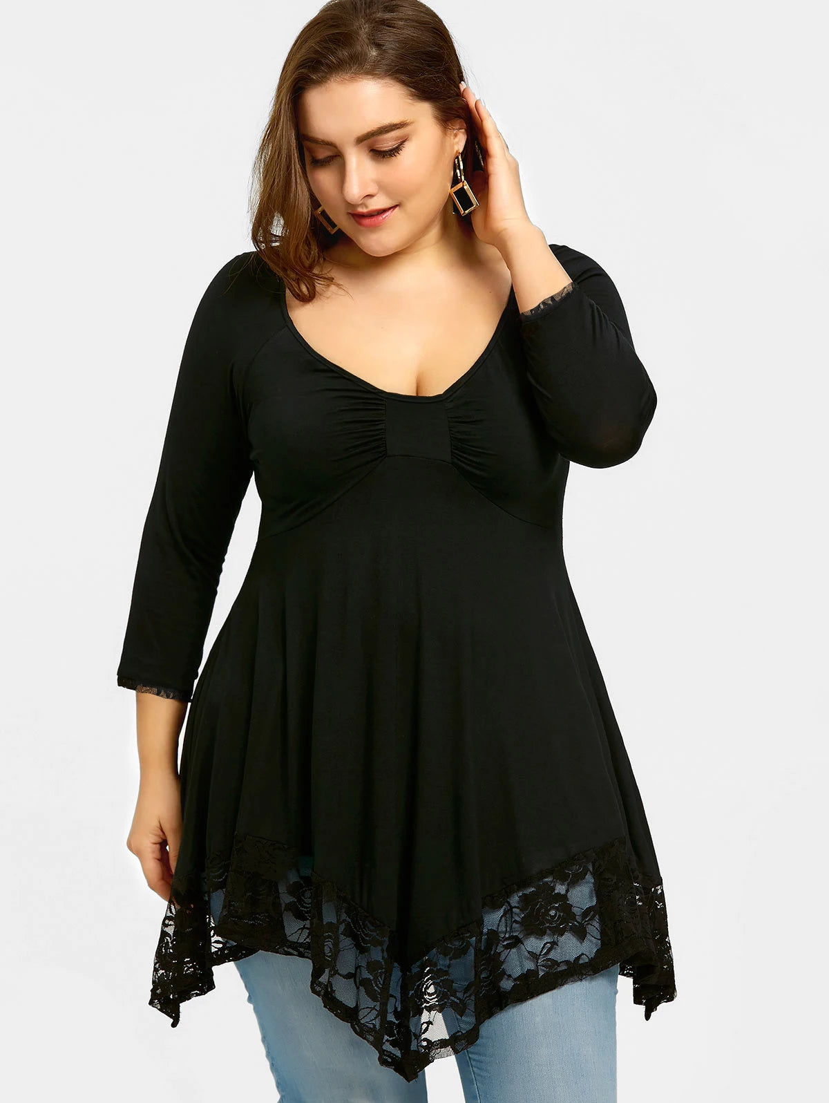 Clothing Round Neck Long Sleeve Lace Stitching Elegant Tee