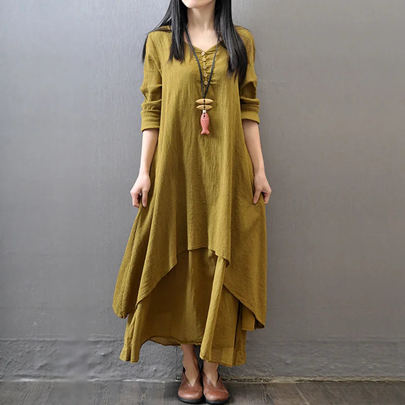 CN Women Linen Look Button Dress With Faux Two Piece