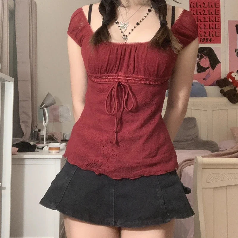 Hirigin Elegant Lady Square Collar T Shirt Bow Short Sleeve