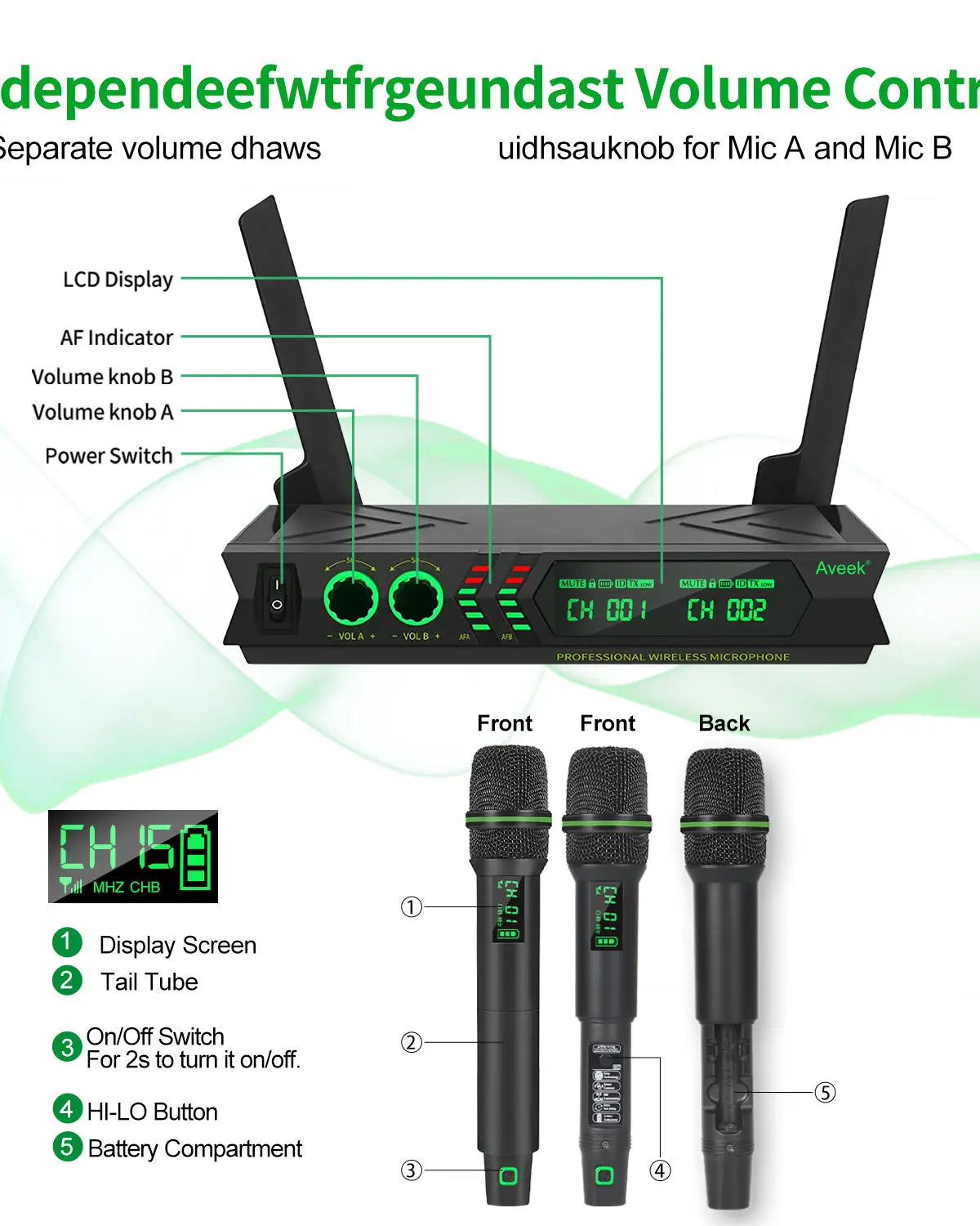 Aveek Wireless Microphone System Dual UHF Cordless Mics