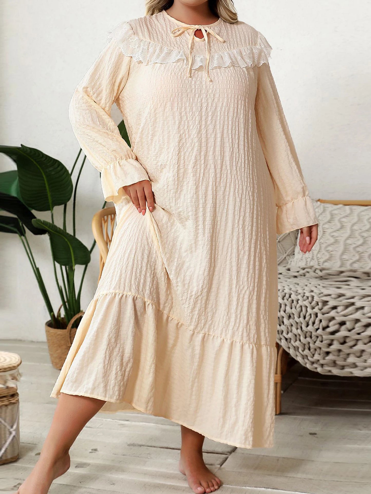 Hirigin Lace Trim Nightgown For Women With Round Neck