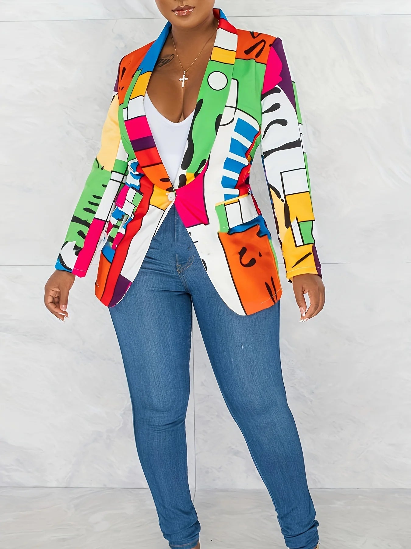 Multicolor Printed Patchwork Cardigan Lapel Jacket Casual