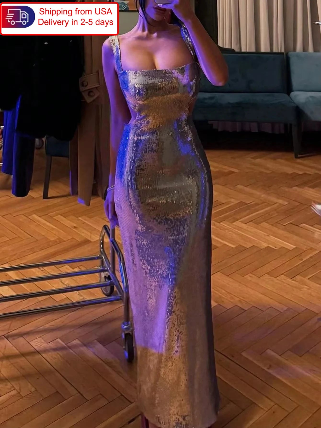 GrandAvenueStore Sequined Backless Floor Length Dress