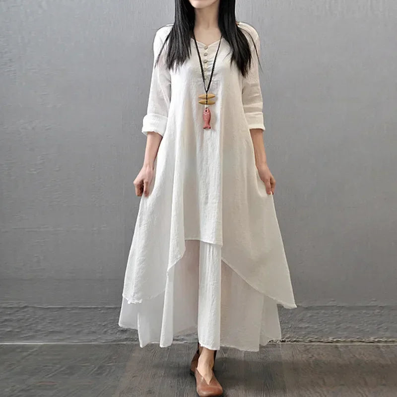 CN Women Linen Look Button Dress With Faux Two Piece
