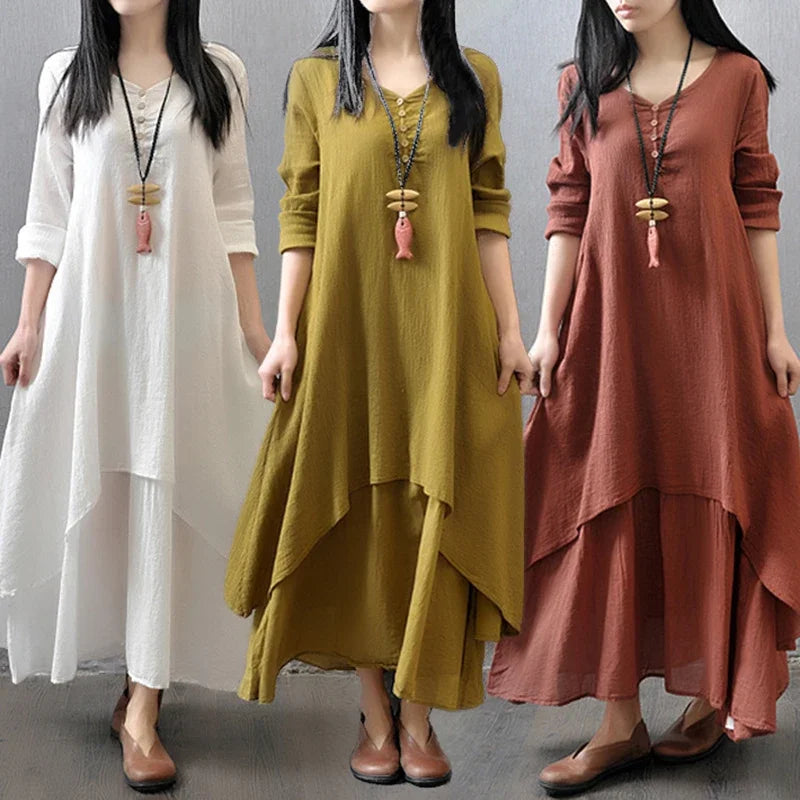 CN Women Linen Look Button Dress With Faux Two Piece