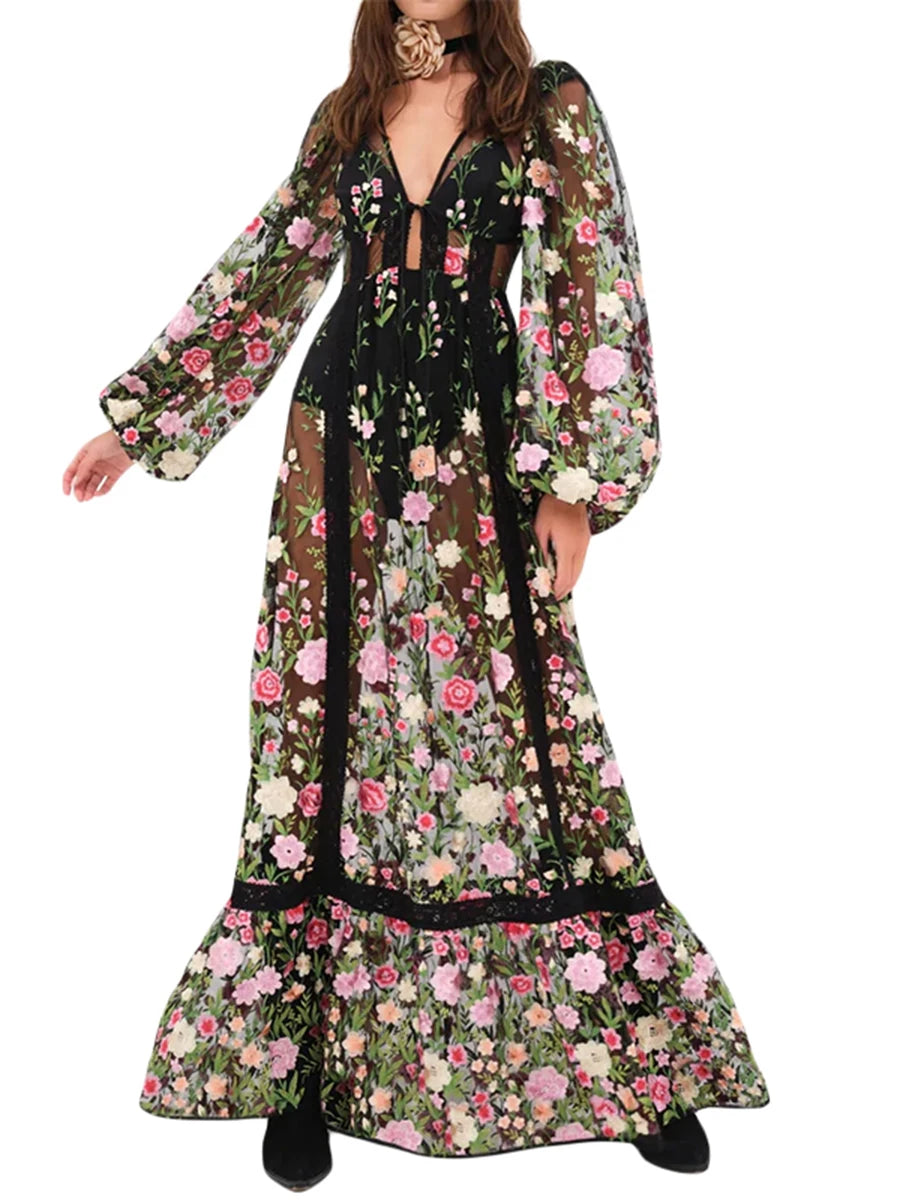 Hirigin Women Floral Beach Cover Up Long Sleeve V Neck