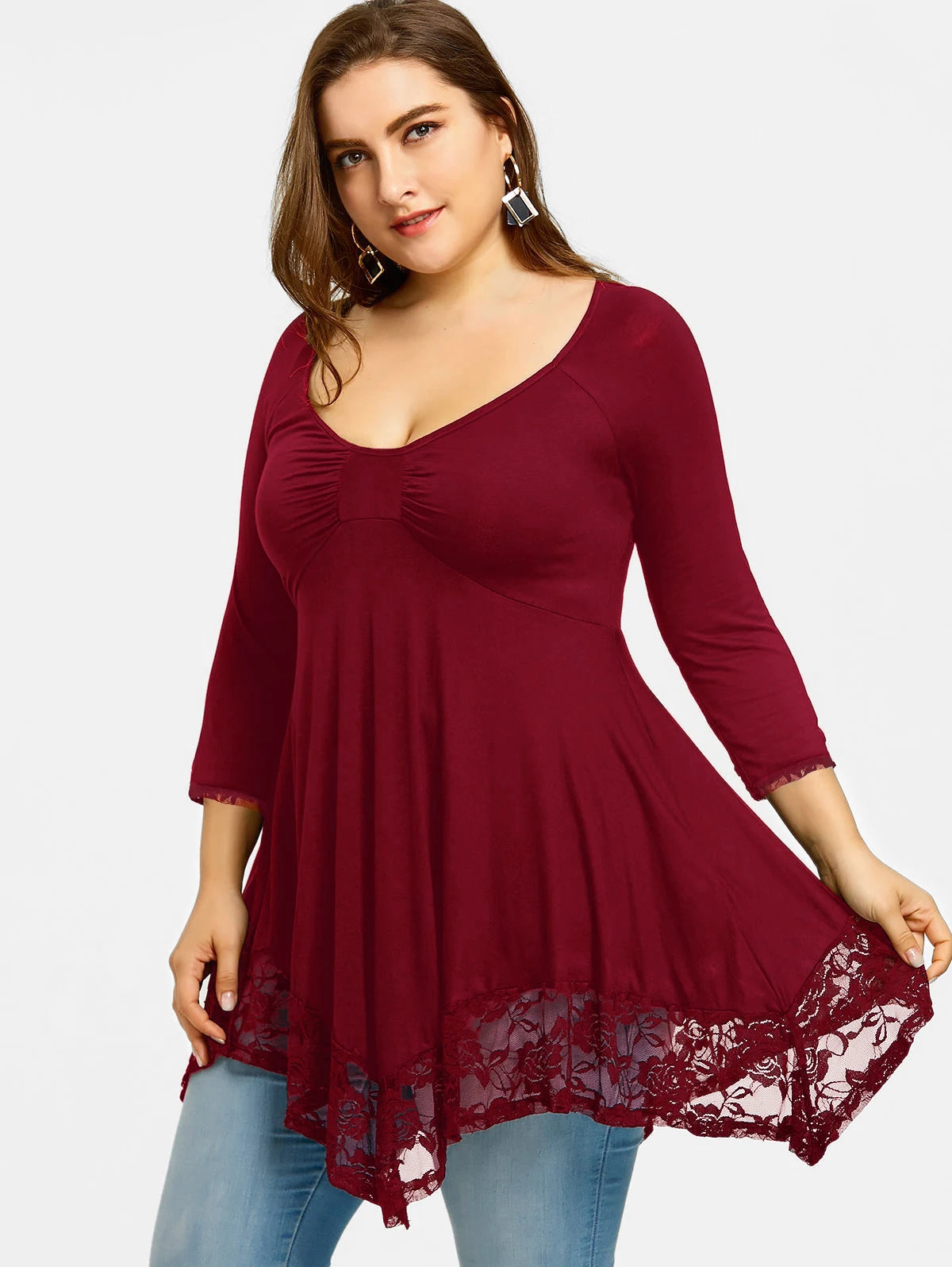 Clothing Round Neck Long Sleeve Lace Stitching Elegant Tee