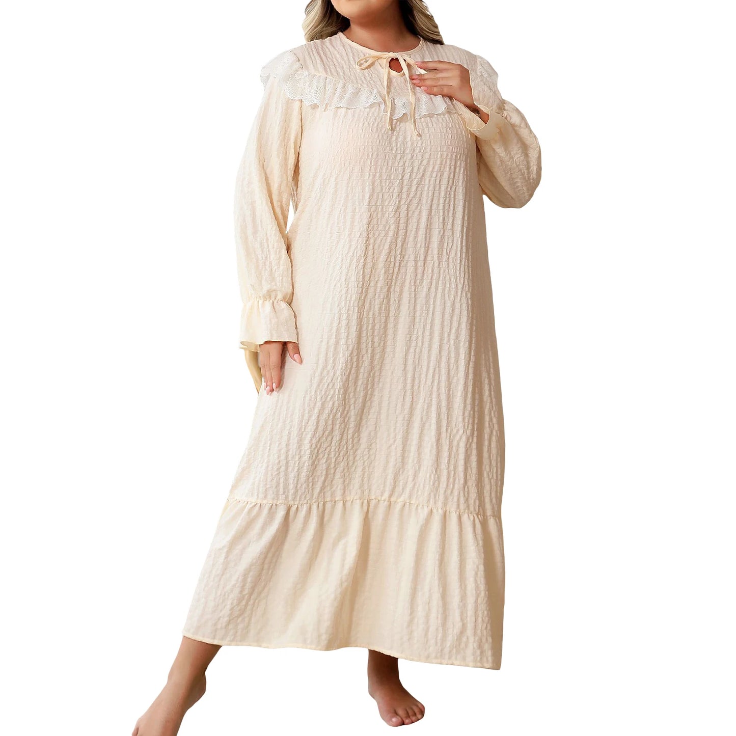 Hirigin Lace Trim Nightgown For Women With Round Neck
