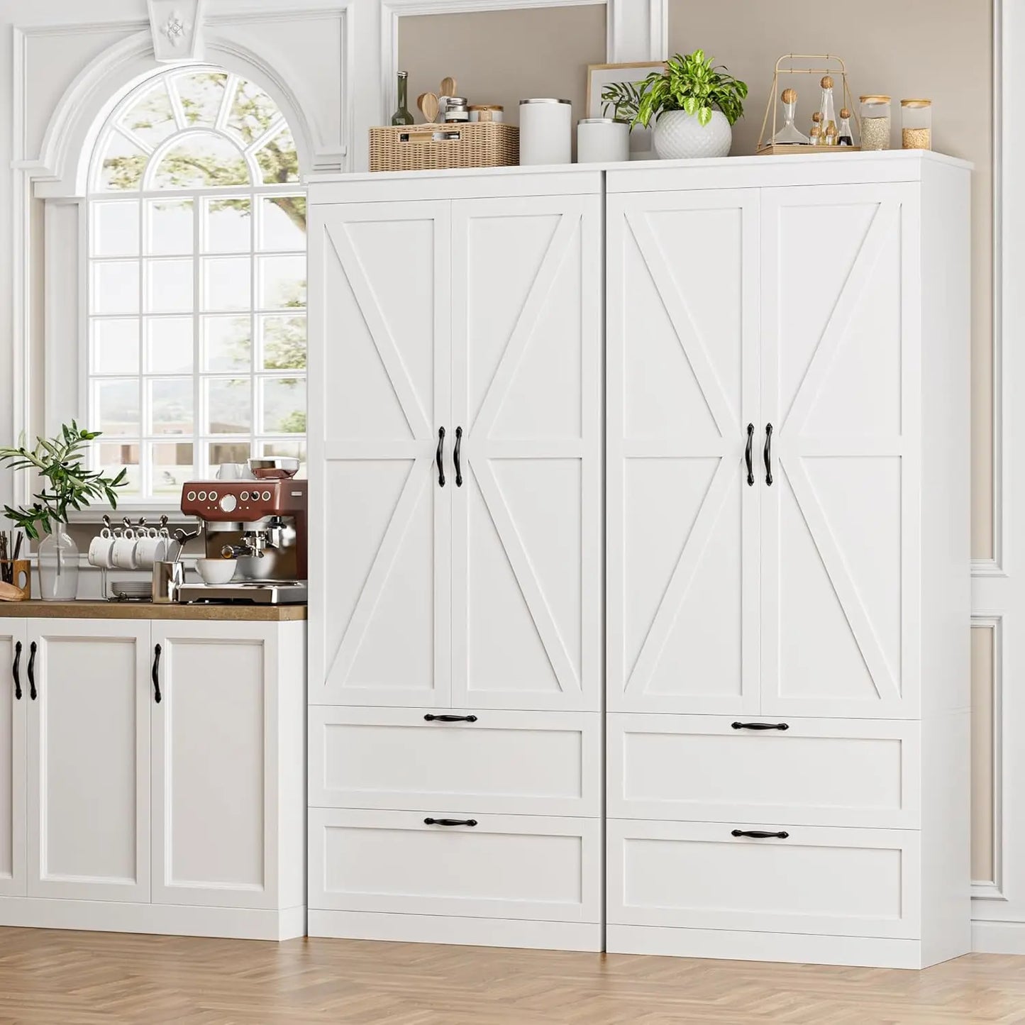 XMSJ Pantry Cabinet Barn Doors Drawers Adjustable Shelf
