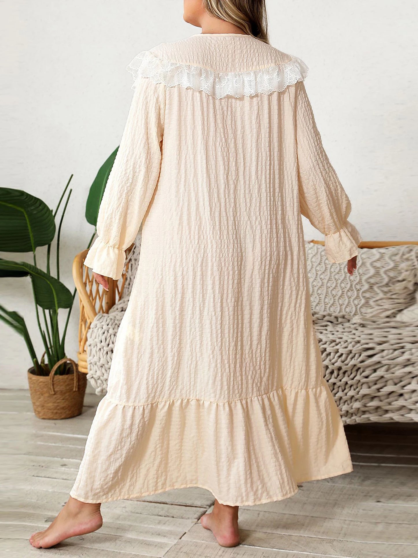 Hirigin Lace Trim Nightgown For Women With Round Neck