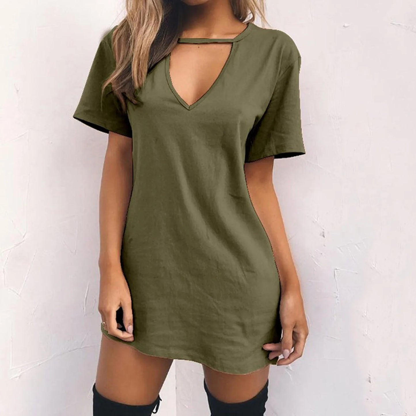 Casual Women V Neck Short Sleeve Hollow Dress Polyester