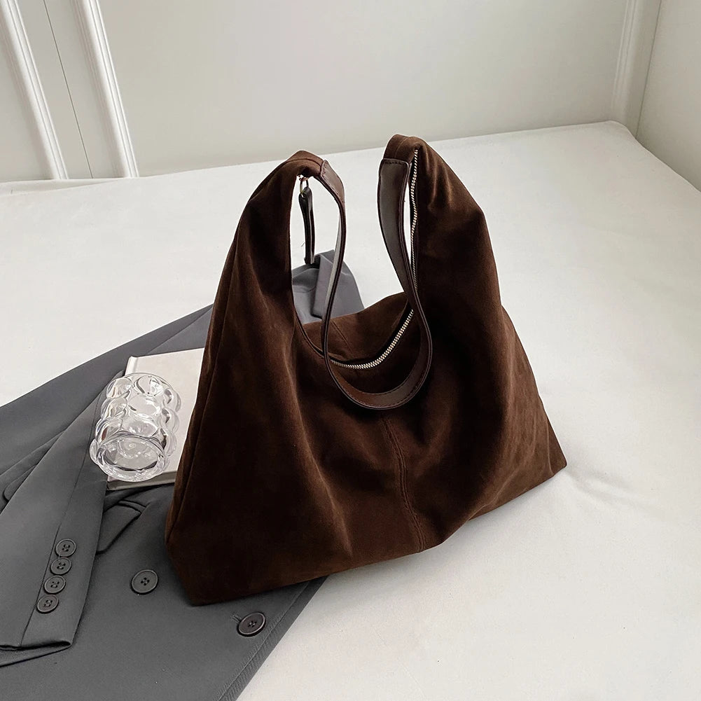 Women Suede Tote Bag With Zipper PU Leather Large Capacity