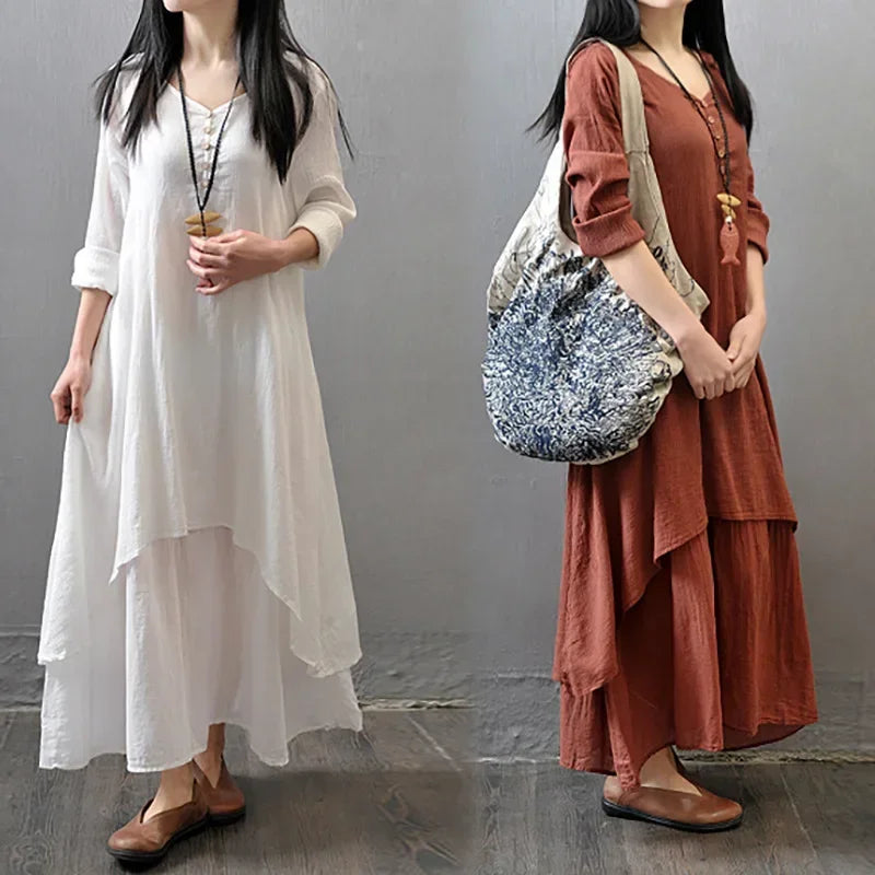 CN Women Linen Look Button Dress With Faux Two Piece