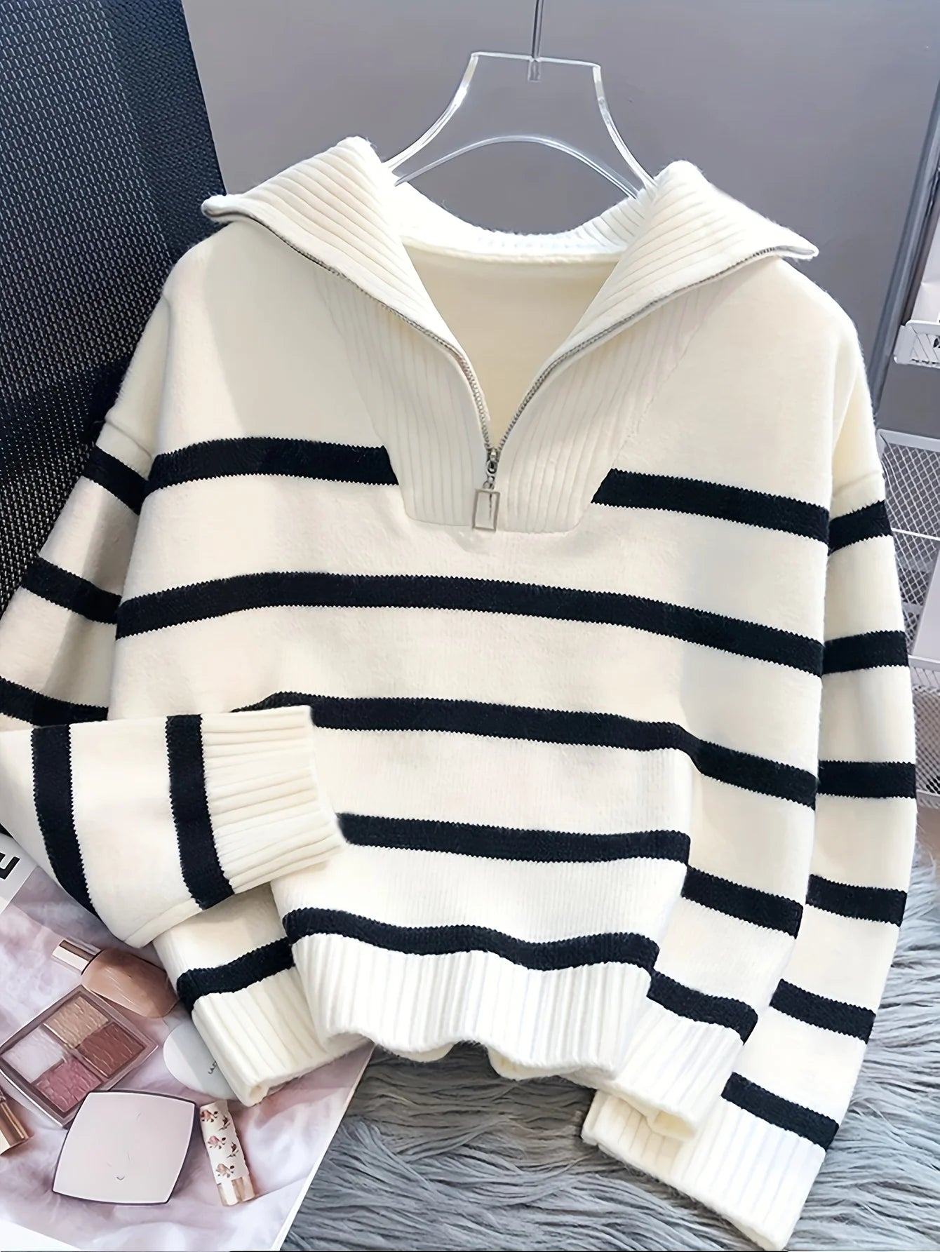 CakuloCN Striped Thickened Zipper Pullover Sweater