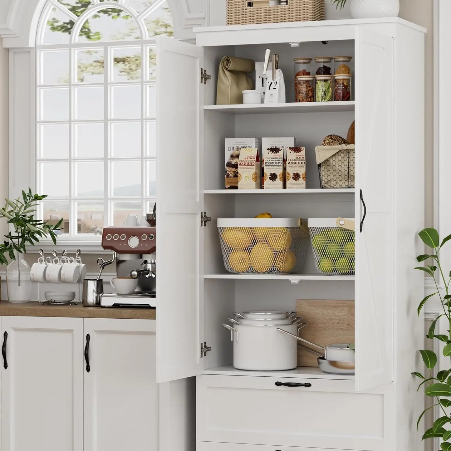 XMSJ Pantry Cabinet Barn Doors Drawers Adjustable Shelf