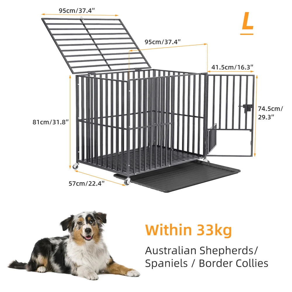 BORWARTH Heavy Duty Dog Crate With Lockable Wheels Tray