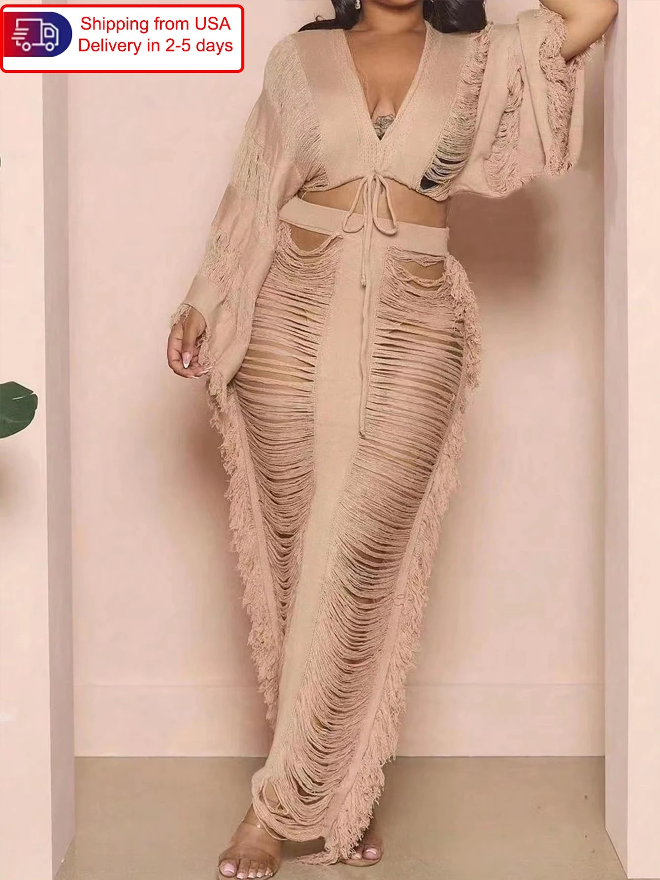 Dress 2025 Women's Fringed 2-piece Set Long-sleeved top with fringed cutout sexy and elegant party club suit dress
