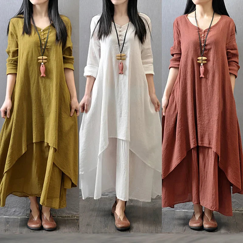 CN Women Linen Look Button Dress With Faux Two Piece