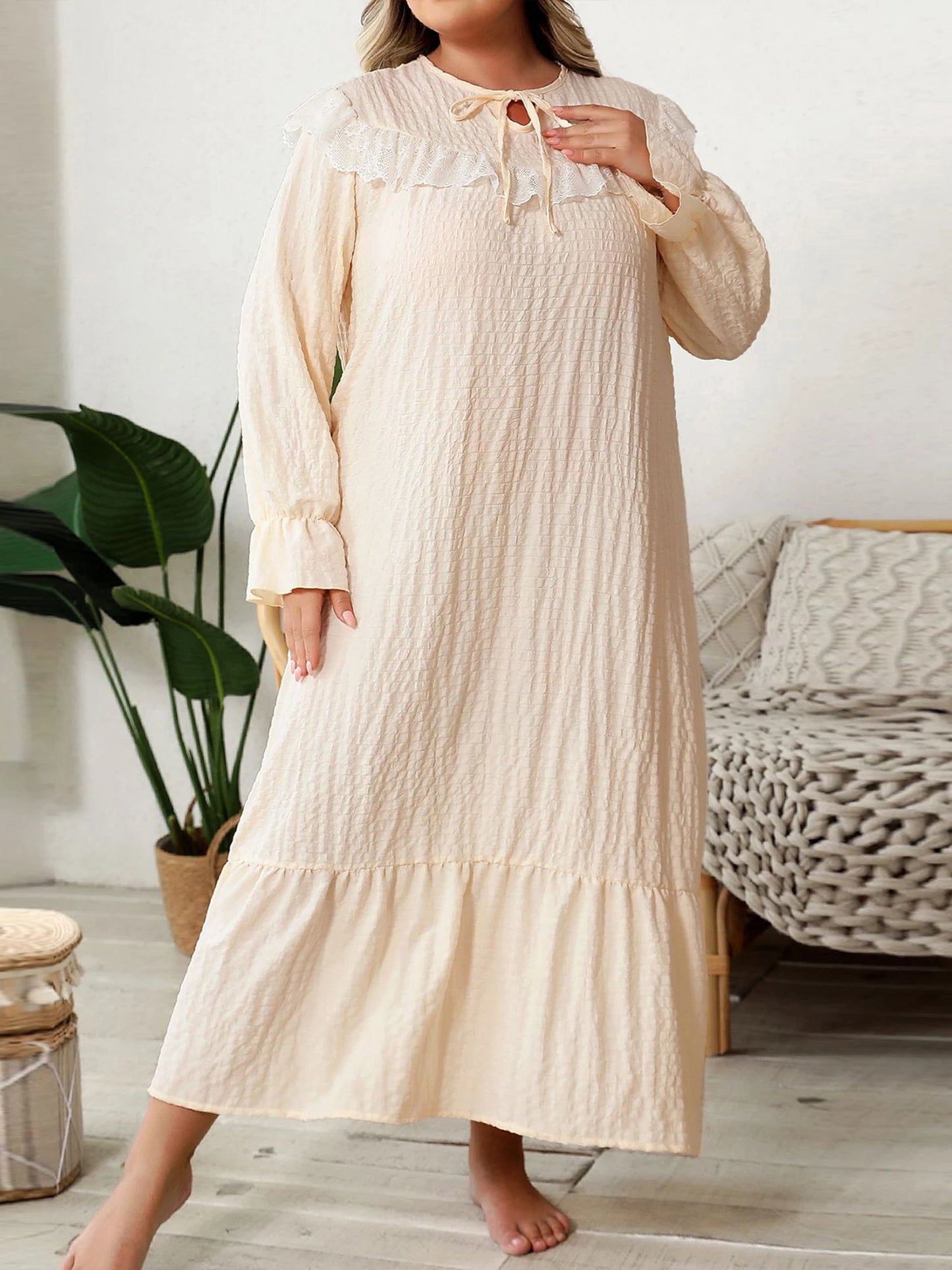 Hirigin Lace Trim Nightgown For Women With Round Neck