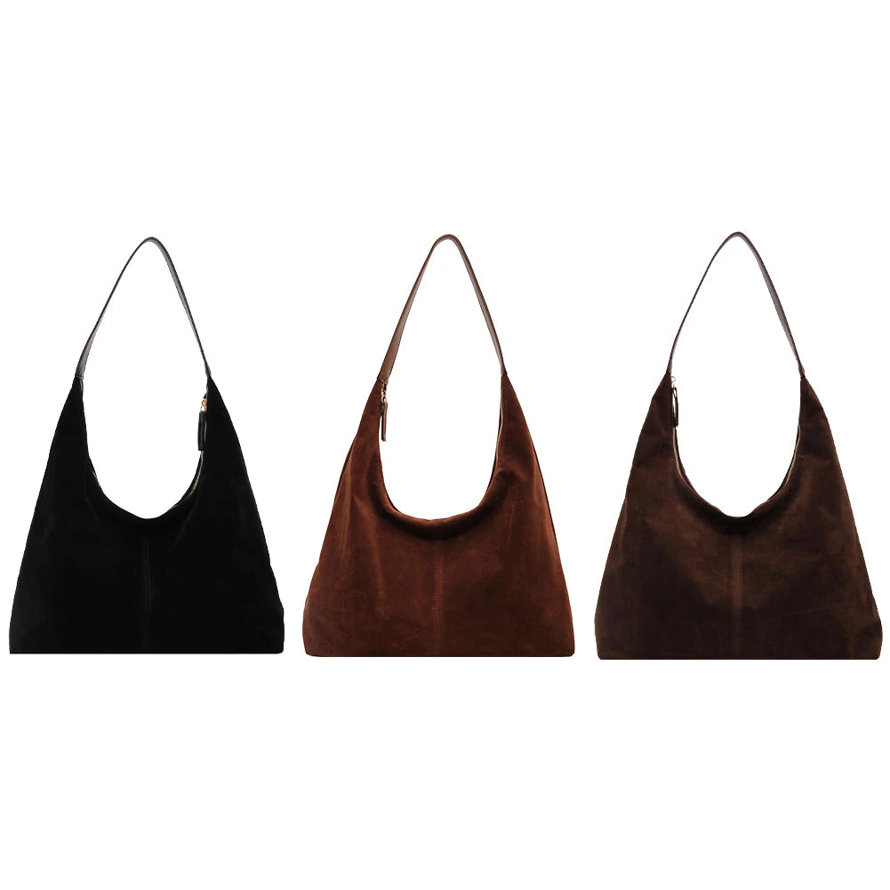 Women Suede Tote Bag With Zipper PU Leather Large Capacity
