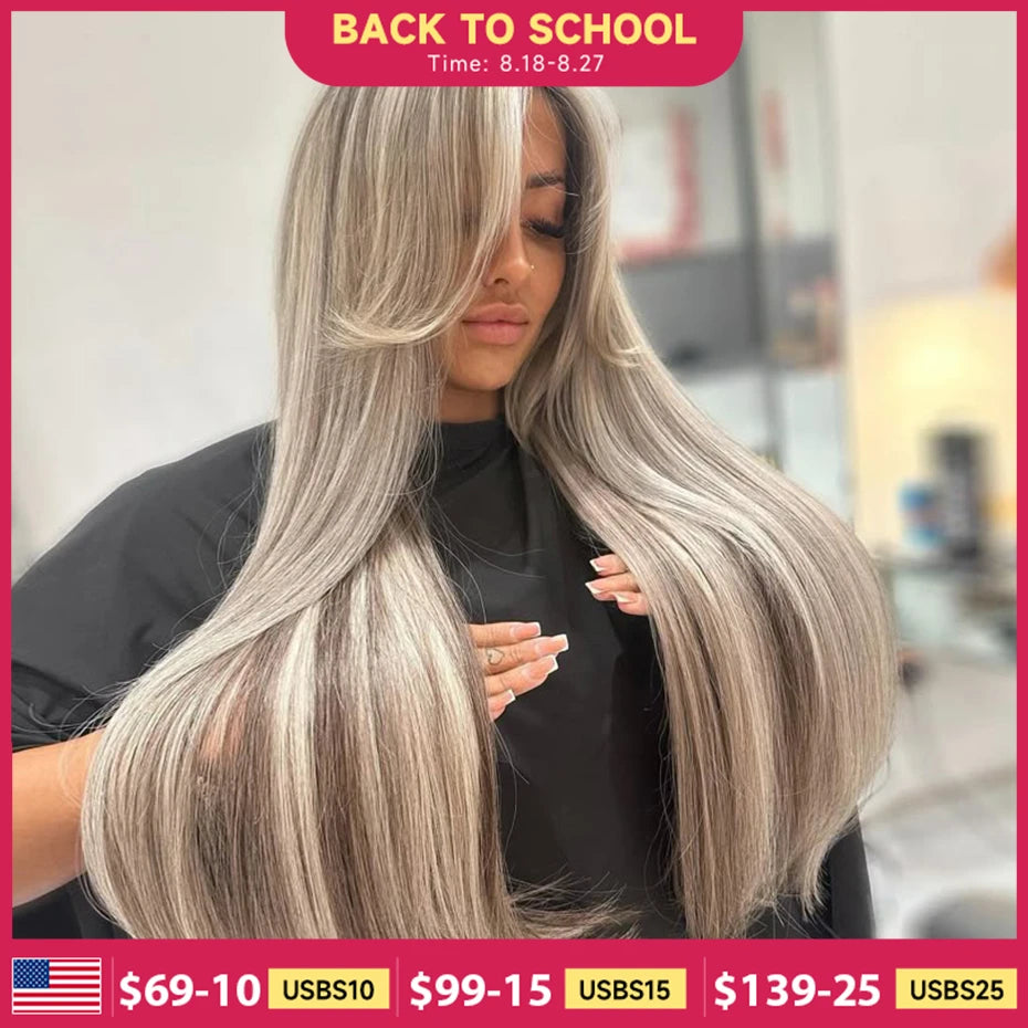Straight 13x6 Ash Brown Highlight Lace Front Wig Human Hair Natural Hairline Ash Blonde Transparent Lace Frontal Wig For Women